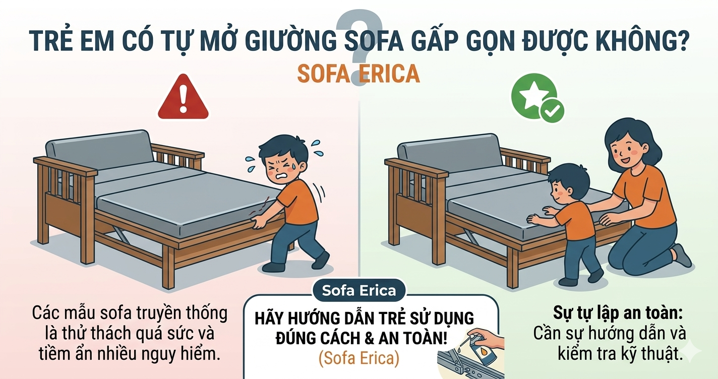 TRẺ EM CÓ TỰ MỞ GIƯỜNG SOFA GẤP GỌN ĐƯỢC KHÔNG?