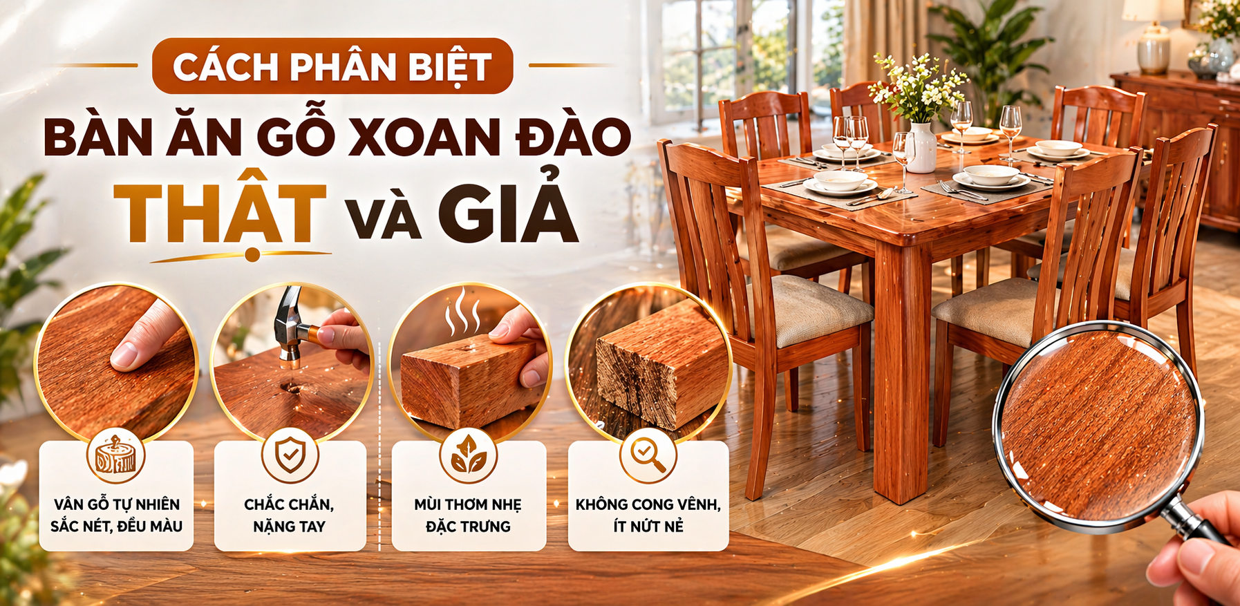 CÁCH PHÂN BIỆT BÀN ĂN GỖ XOAN ĐÀO THẬT VÀ GIẢ